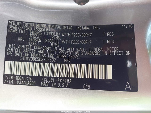 5TDYZ3DC5HS797532 Toyota 2gr-fks