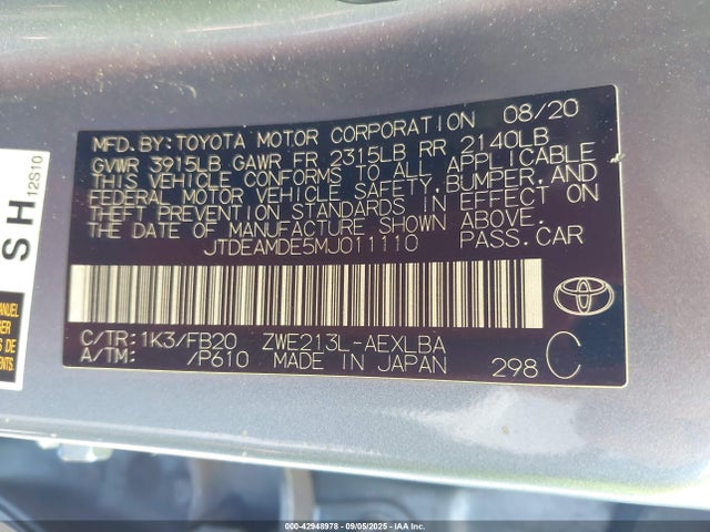 Aukcja sprzedaży 2021 Toyota Corolla Hybrid Le, vin: JTDEAMDE5MJ011110, numer aukcji: 42948978