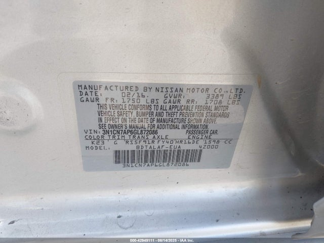 Nissan Versa 2016 3N1CN7AP6GL872086 Image 9