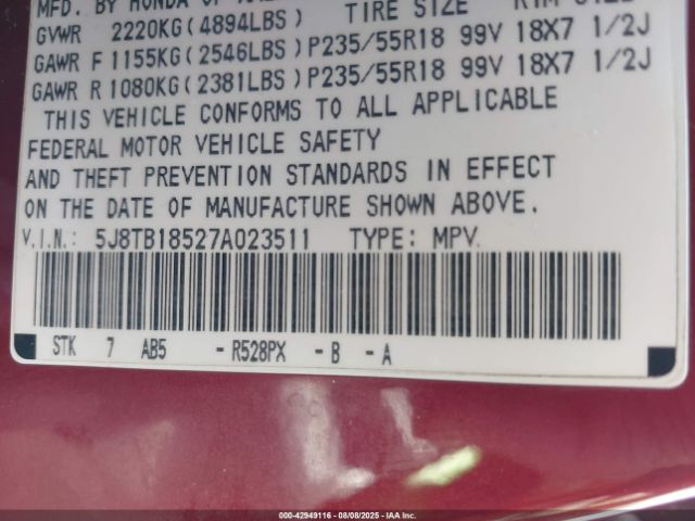 2007 ACURA RDX 5J8TB18527A023511 Photo 8