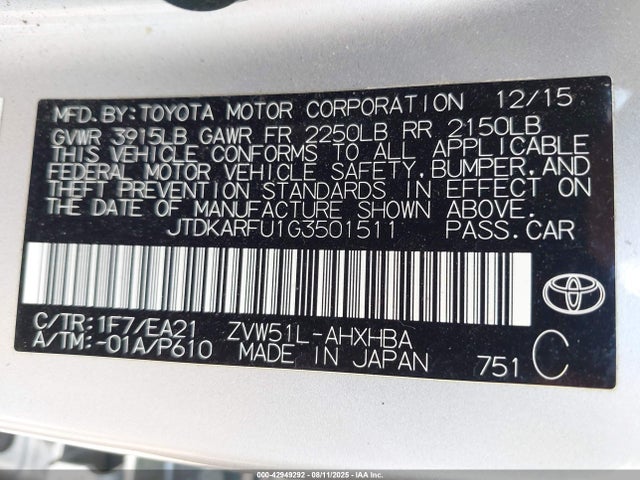 JTDKARFU1G3501511 Toyota 2zr-fxe,1nm