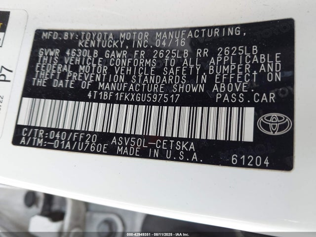 Toyota 2ar-fe 2016 4T1BF1FKXGU597517 Image 9
