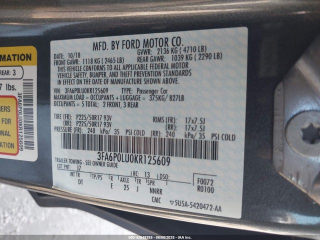 2019 Ford Fusion Hybrid Se მანქანა იყიდება აუქციონზე, vin: 3FA6P0LU0KR125609, აუქციონის ნომერი: 42949385