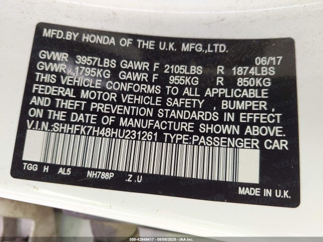 SHHFK7H48HU231261 Honda l15ba
