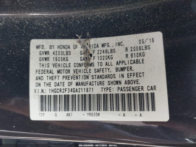 1HGCR2F34GA211871 Honda k24w1