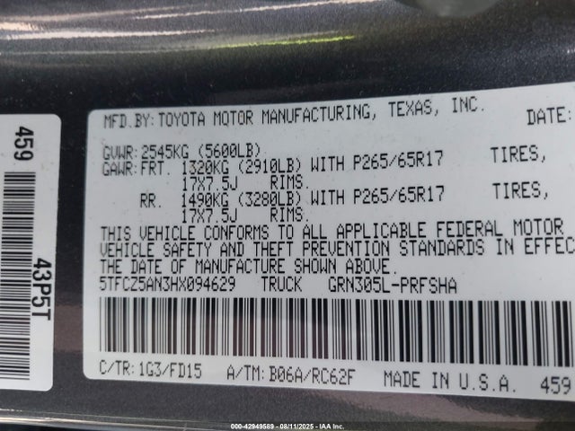 5TFCZ5AN3HX094629 Toyota 2gr-fks