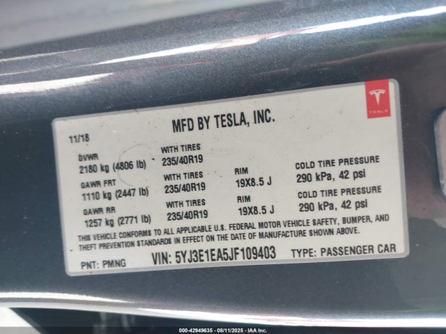 2018 TESLA MODEL 3 5YJ3E1EA5JF109403 Photo 8