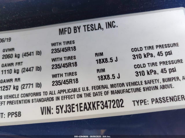 2019 TESLA MODEL 3 5YJ3E1EAXKF347202 Photo 8
