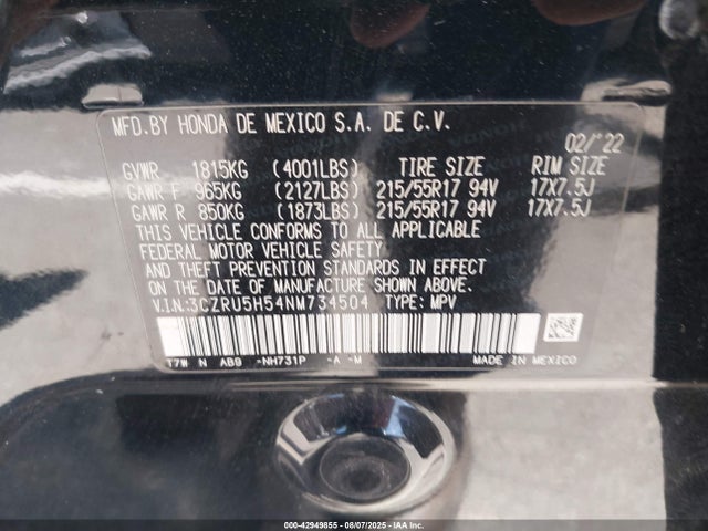 3CZRU5H54NM734504 Honda r18z9