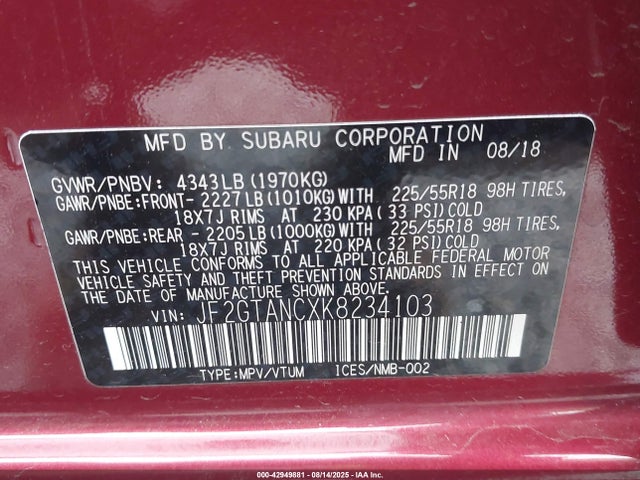 JF2GTANCXK8234103 Subaru naturally aspirated