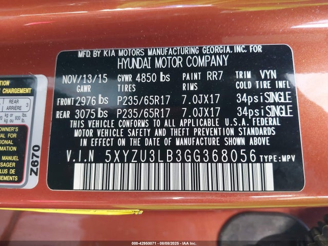 5XYZU3LB3GG368056 Hyundai gdi theta ii