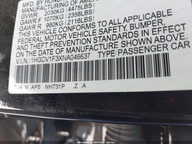 1HGCV1F3XNA046637 Honda l15be