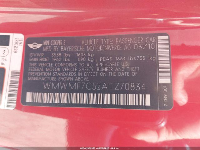 2010 MINI COOPER S WMWMF7C52ATZ70834 Photo 8