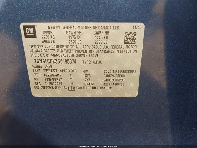 Chevrolet lea - e85 max, aluminum 2016 2GNALCEK3G6195074 Image 9