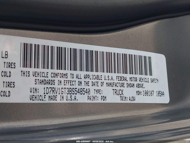 42950697 :رقم المزاد ، 1D7RV1GT3BS548540 vin ، 2011 Ram Ram 1500 Sport مزاد بيع