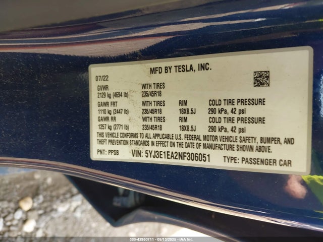 Продаж на аукціоні авто 2022 Tesla Model 3 Rear-wheel Drive, vin: 5YJ3E1EA2NF306051, номер лоту: 42950711