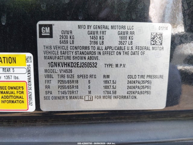 Chevrolet llt 2014 1GNKVHKD2EJ260532 Image 9