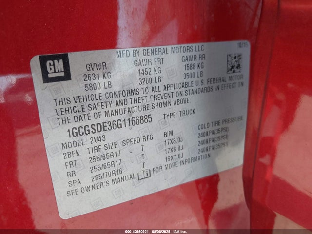 1GCGSDE36G1166885 Chevrolet lfx - sidi, vvt, e85 max, aluminum