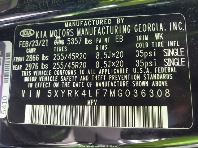 5XYRK4LF7MG036308 KIA t-gdi theta-iii