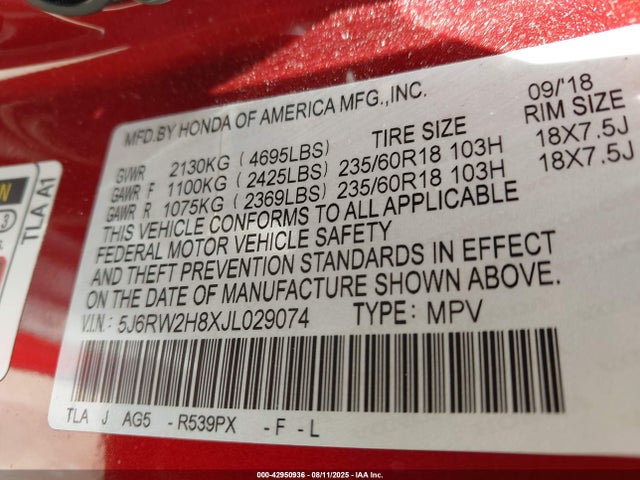 5J6RW2H8XJL029074 Honda l15be