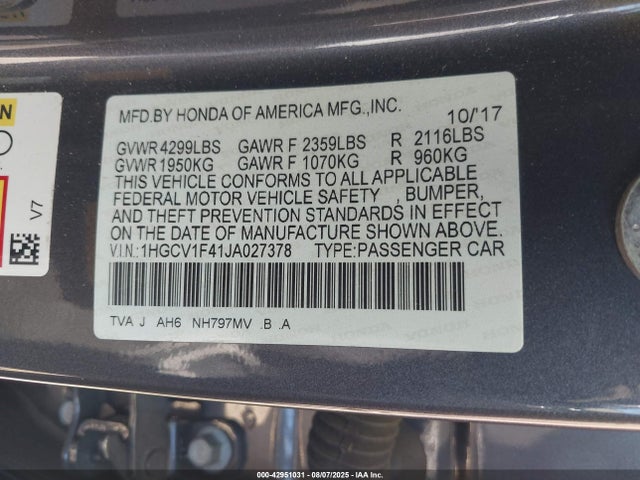 1HGCV1F41JA027378 Honda l15be