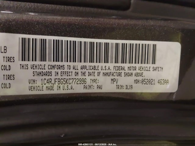 42951121 :رقم المزاد ، 1C4RJFBG5KC772996 vin ، 2019 Jeep Grand Cherokee Limited 4x4 مزاد بيع