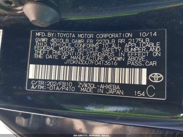 Toyota 2zr-fxe+3jm 2015 JTDKN3DU7F0413616 Image 9