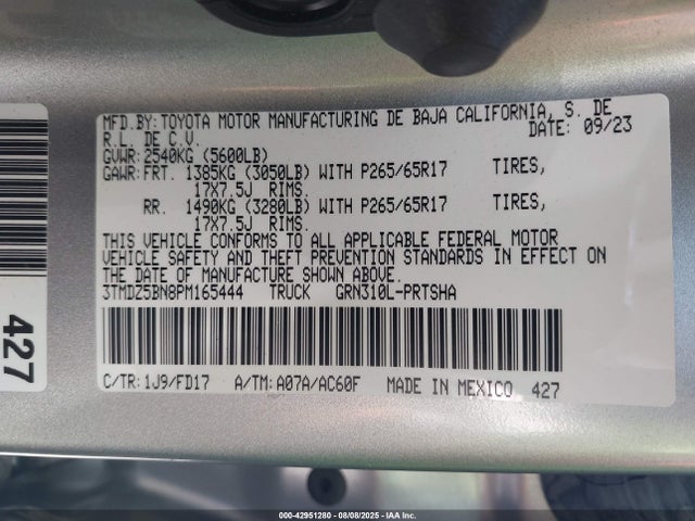 3TMDZ5BN8PM165444 Toyota 2gr-fks