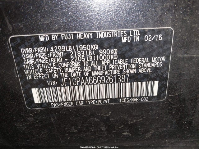 Subaru 2.0l na 2016 JF1GPAA66G9261387 Image 9