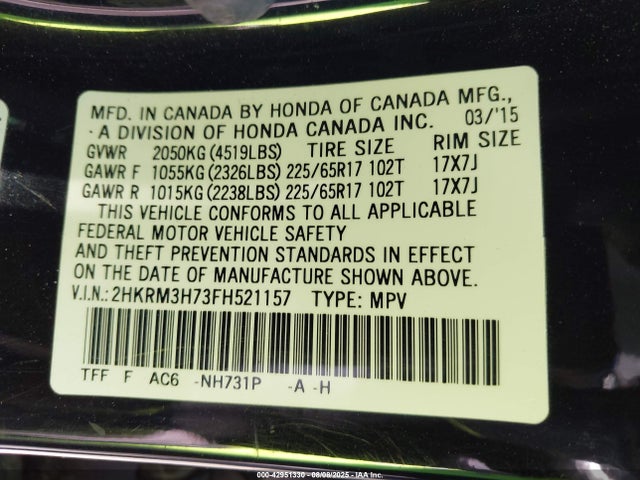 Honda k24w9 2015 2HKRM3H73FH521157 Image 9