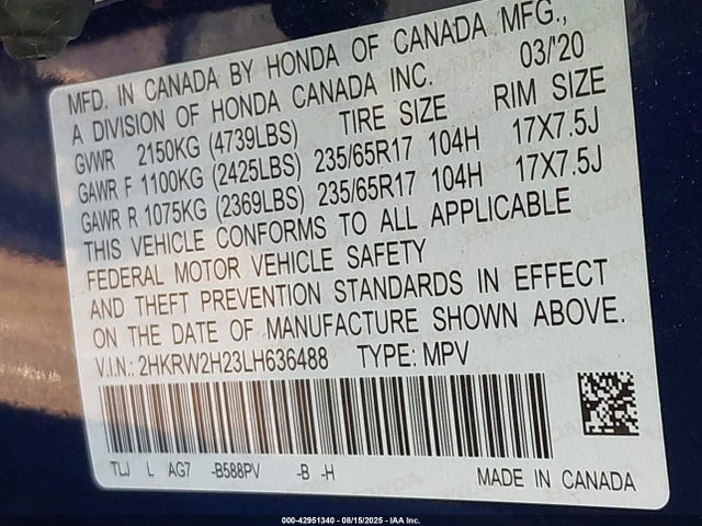 2HKRW2H23LH636488 Honda l15be