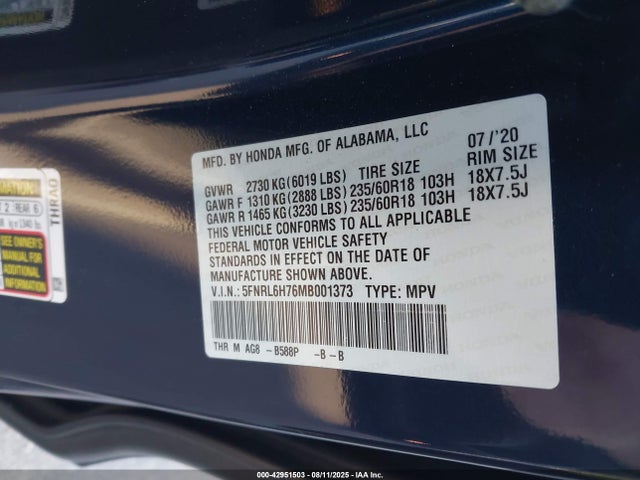 5FNRL6H76MB001373 Honda j35y7
