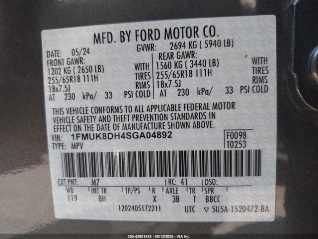 Продаж на аукціоні авто 2025 Ford Explorer Active, vin: 1FMUK8DH4SGA04892, номер лоту: 42951538