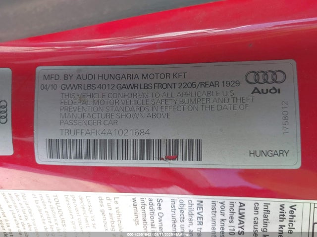 2010 AUDI TT TRUFFAFK4A1021684 Photo 8