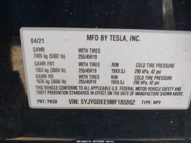 2021 TESLA MODEL Y 5YJYGDEE9MF185862 Photo 8