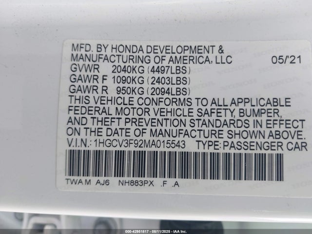 1HGCV3F92MA015543 Honda lfb2