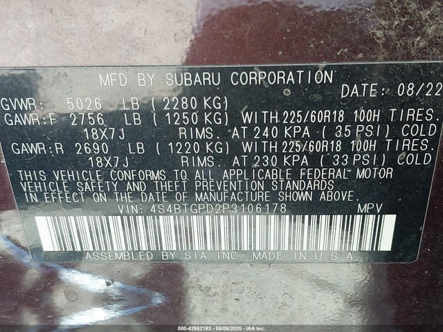 Subaru u4 2023 4S4BTGPD2P3106178 Image 9
