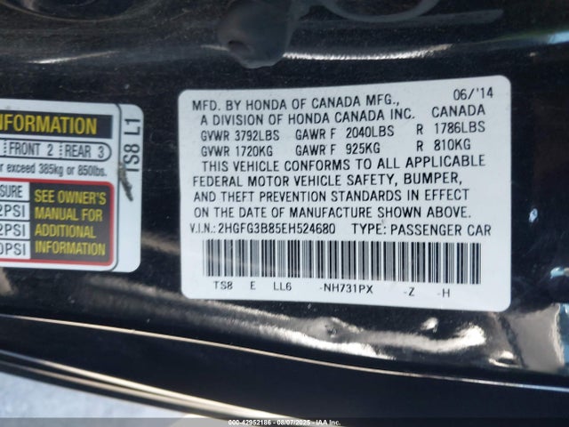 Honda r18z1 2014 2HGFG3B85EH524680 Image 9