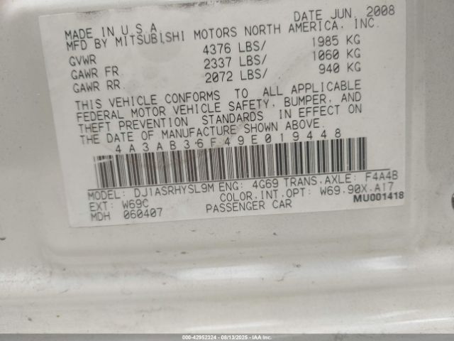 2009 MITSUBISHI GALANT 4A3AB36F49E019448 Photo 8