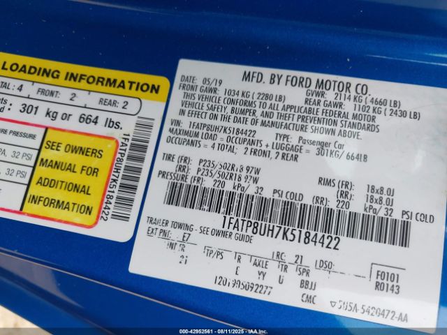 2019 FORD MUSTANG 1FATP8UH7K5184422 Photo 8