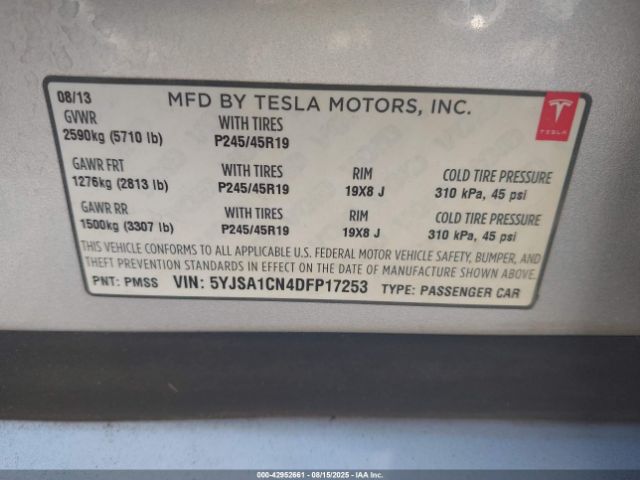 2013 TESLA MODEL S 5YJSA1CN4DFP17253 Photo 8
