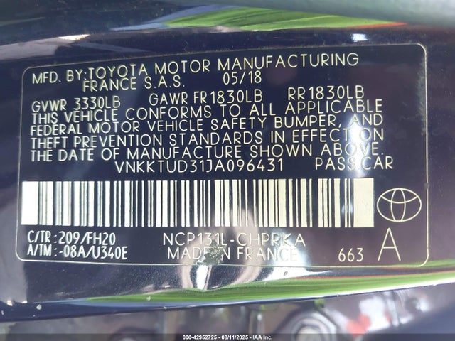 Toyota 1nz-fe 2018 VNKKTUD31JA096431 Image 9