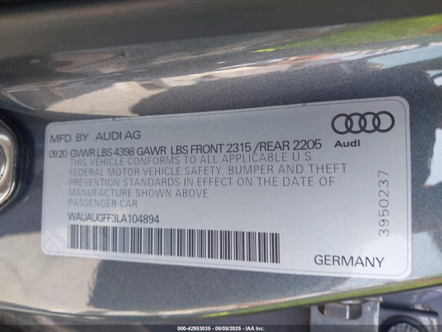 2020 AUDI A3 WAUAUGFF3LA104894 Photo 8