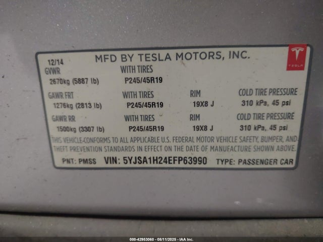 2014 TESLA MODEL S 5YJSA1H24EFP63990 Photo 8