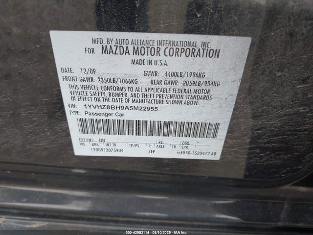Aukcja sprzedaży 2010 Mazda Mazda6 I Sport, vin: 1YVHZ8BH9A5M22955, numer aukcji: 42953114