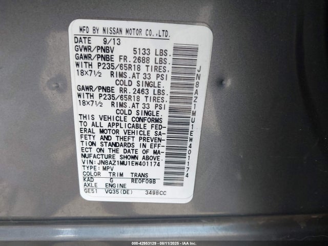 JN8AZ1MU1EW401174 Nissan 2014