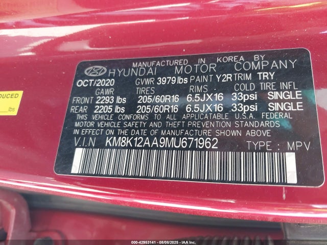 KM8K12AA9MU671962 Hyundai mpi nu