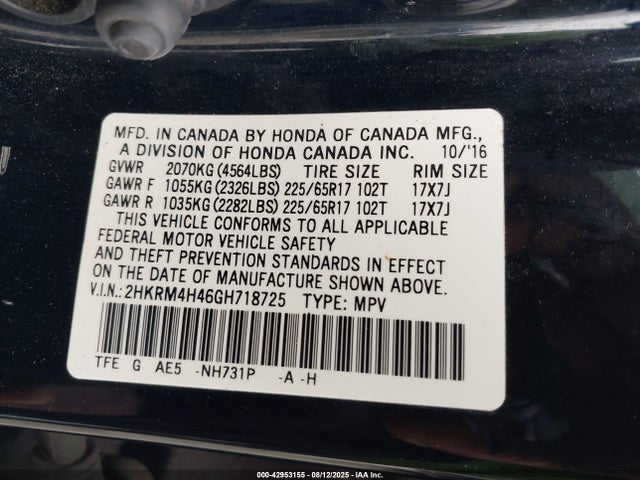 2HKRM4H46GH718725 Honda k24w9