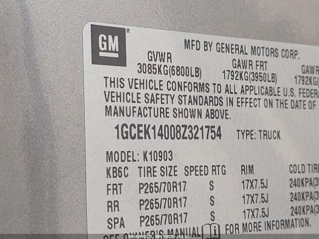 2008 CHEVROLET SILVERADO 1500 1GCEK14008Z321754 Photo 8