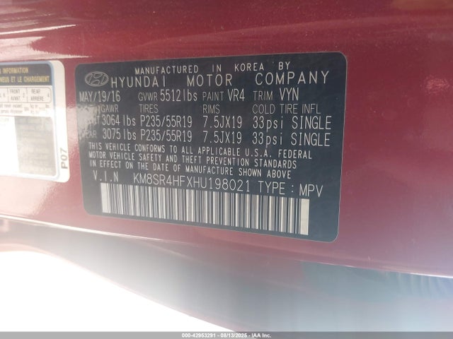 KM8SR4HFXHU198021 Hyundai gdi lambda ii